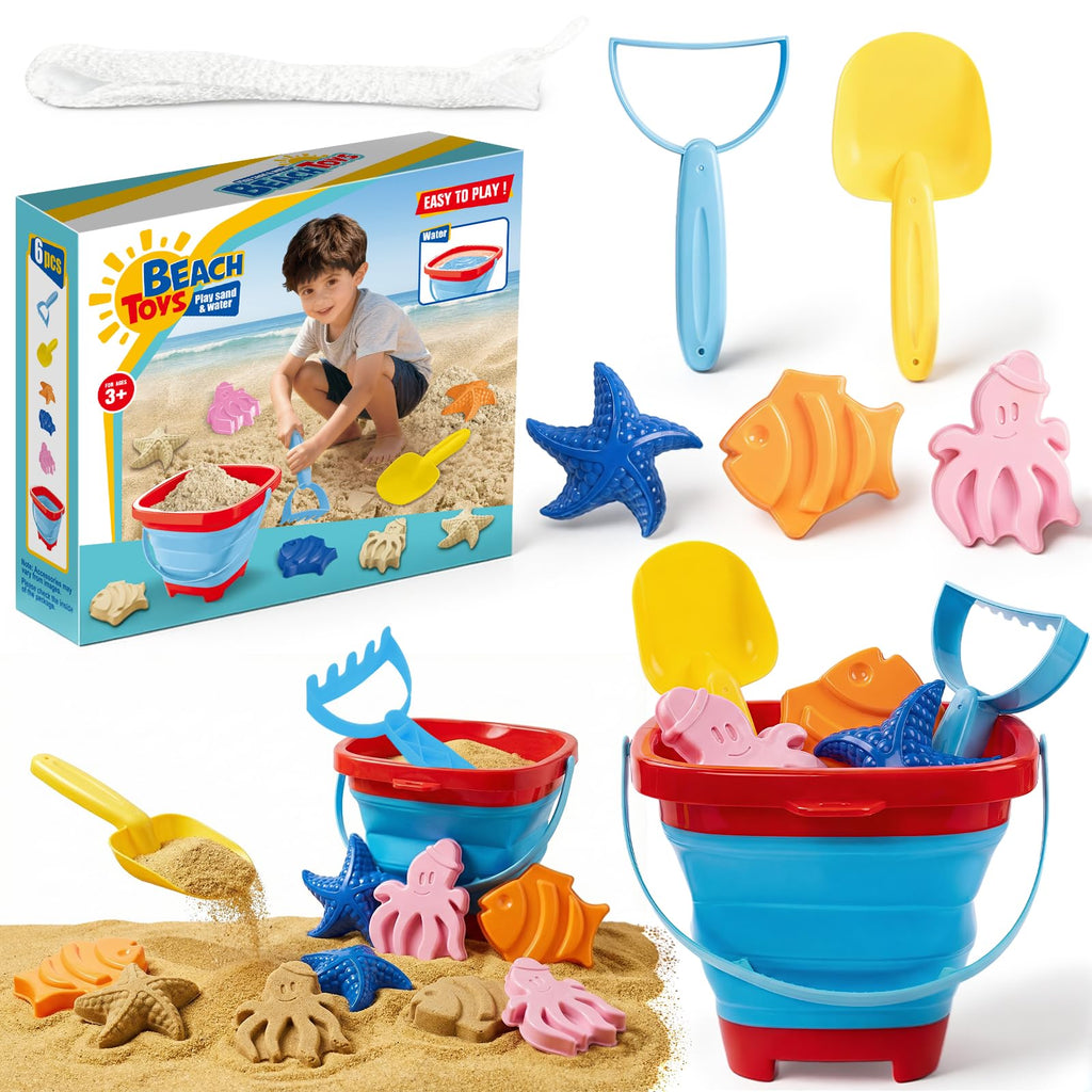 Portable Beach Sand Toys Set with Collapsible Bucket for Toddlers Ages 3-10