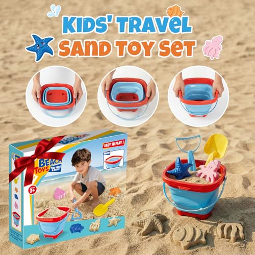 Portable Beach Sand Toys Set with Collapsible Bucket for Toddlers Ages 3-10