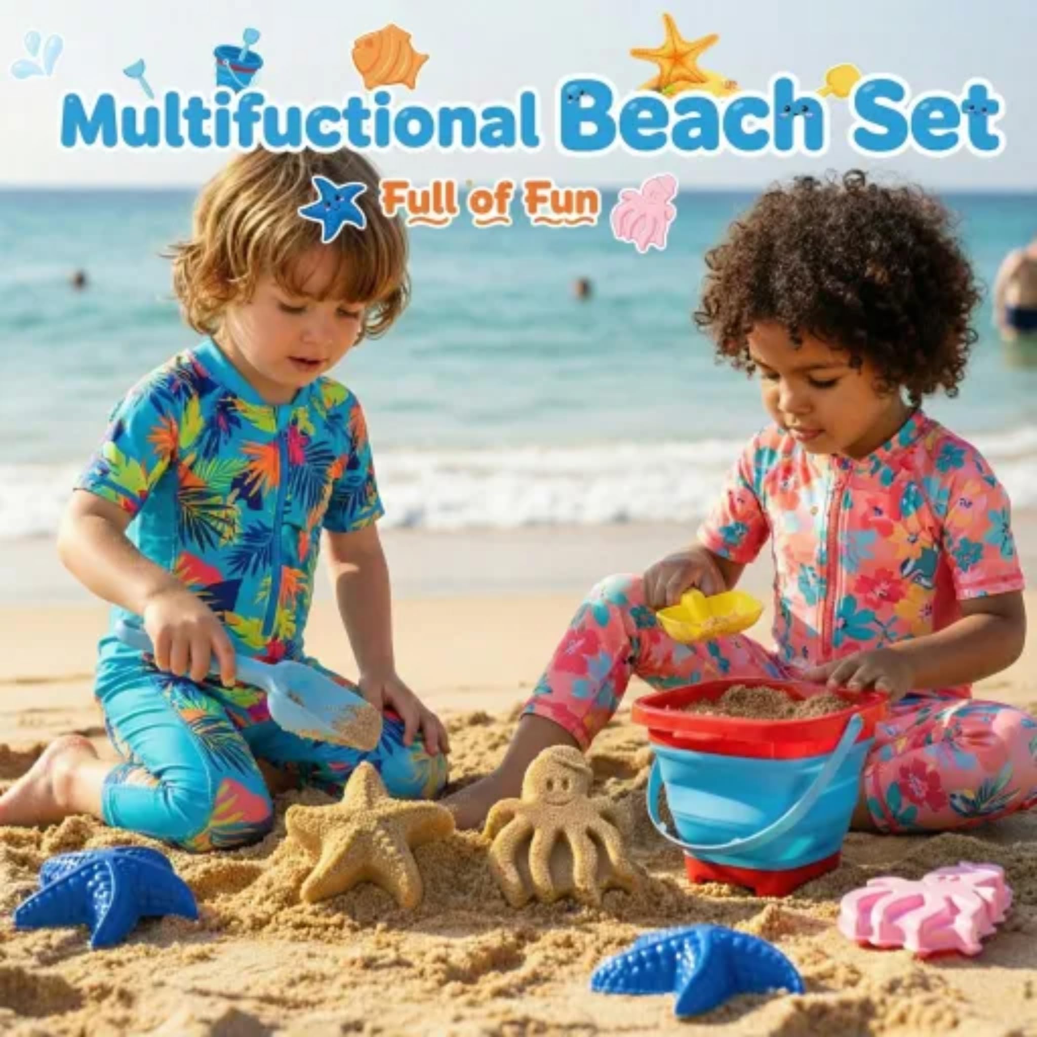 Portable Beach Sand Toys Set with Collapsible Bucket for Toddlers Ages 3-10