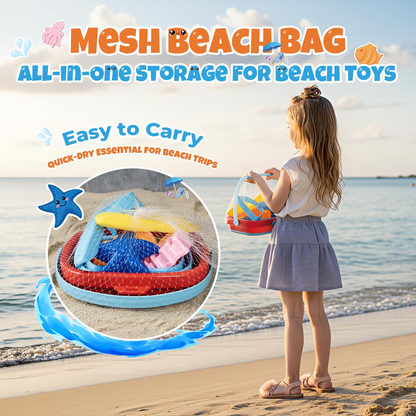 Portable Beach Sand Toys Set with Collapsible Bucket for Toddlers Ages 3-10