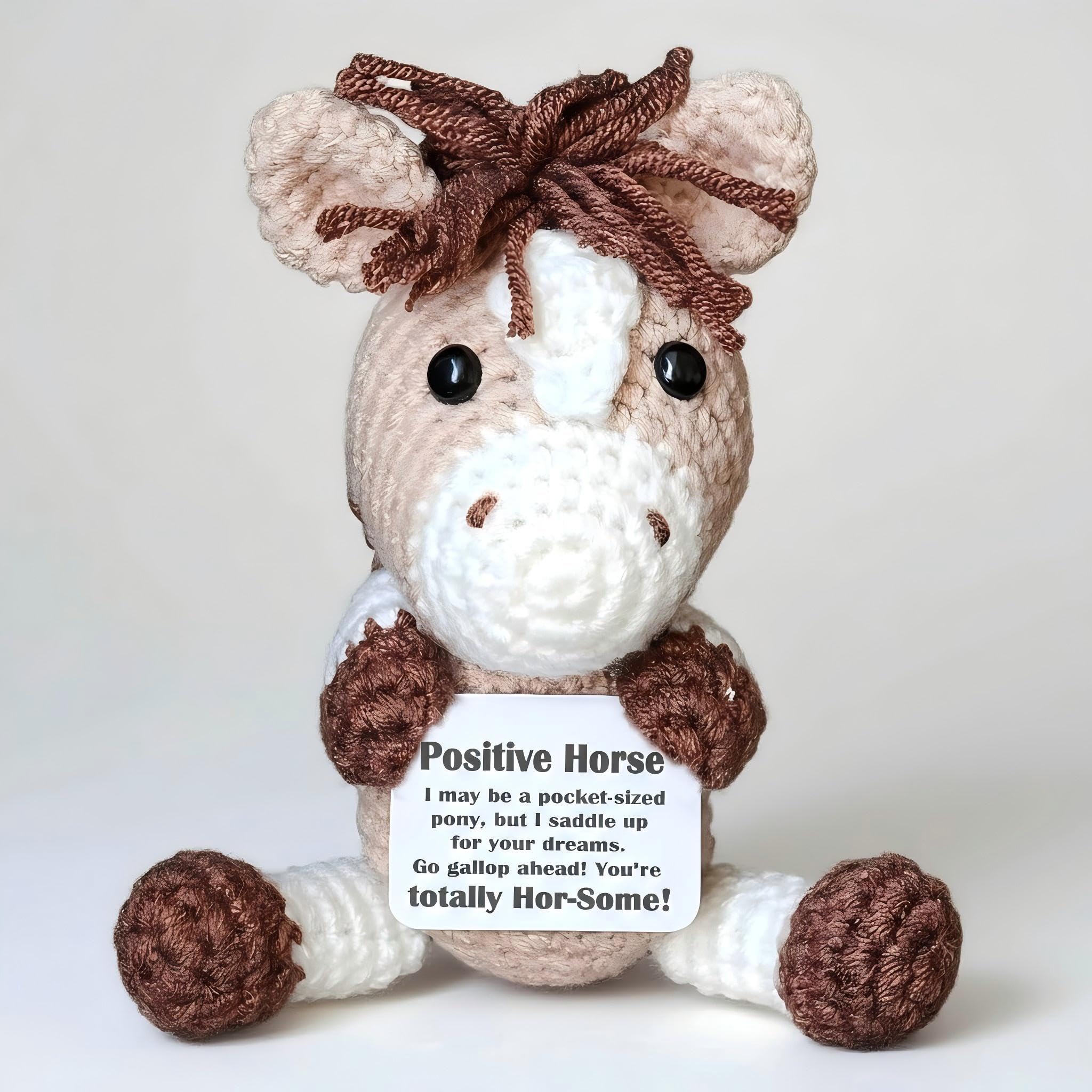 POSSHE Crochet Mini Horse Plush with Positive Card - Encouragement Gift for Friends, Coworkers, Birthday, Christmas Stocking Stuffer
