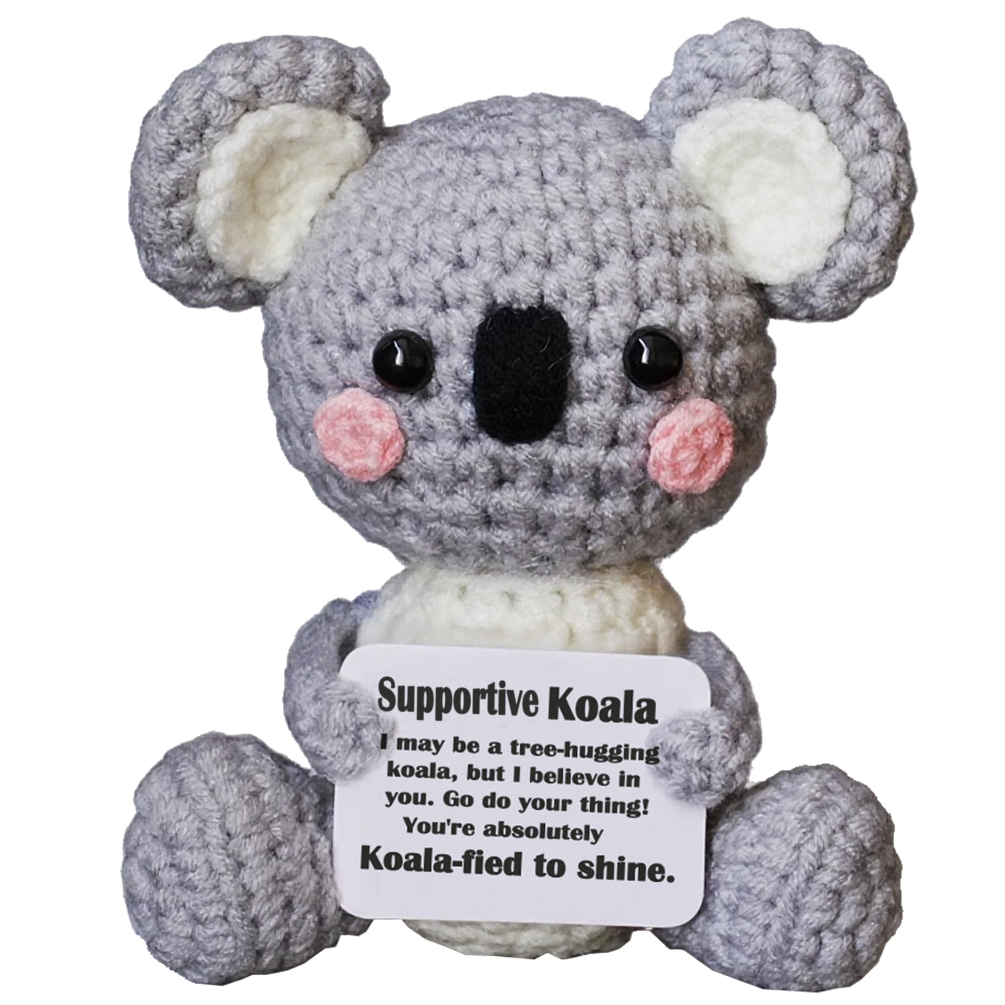 POSSHE Handmade Crochet Koala Plush - Emotional Support Gift with Positive Card, Funny Desk Companion for Friends Coworkers