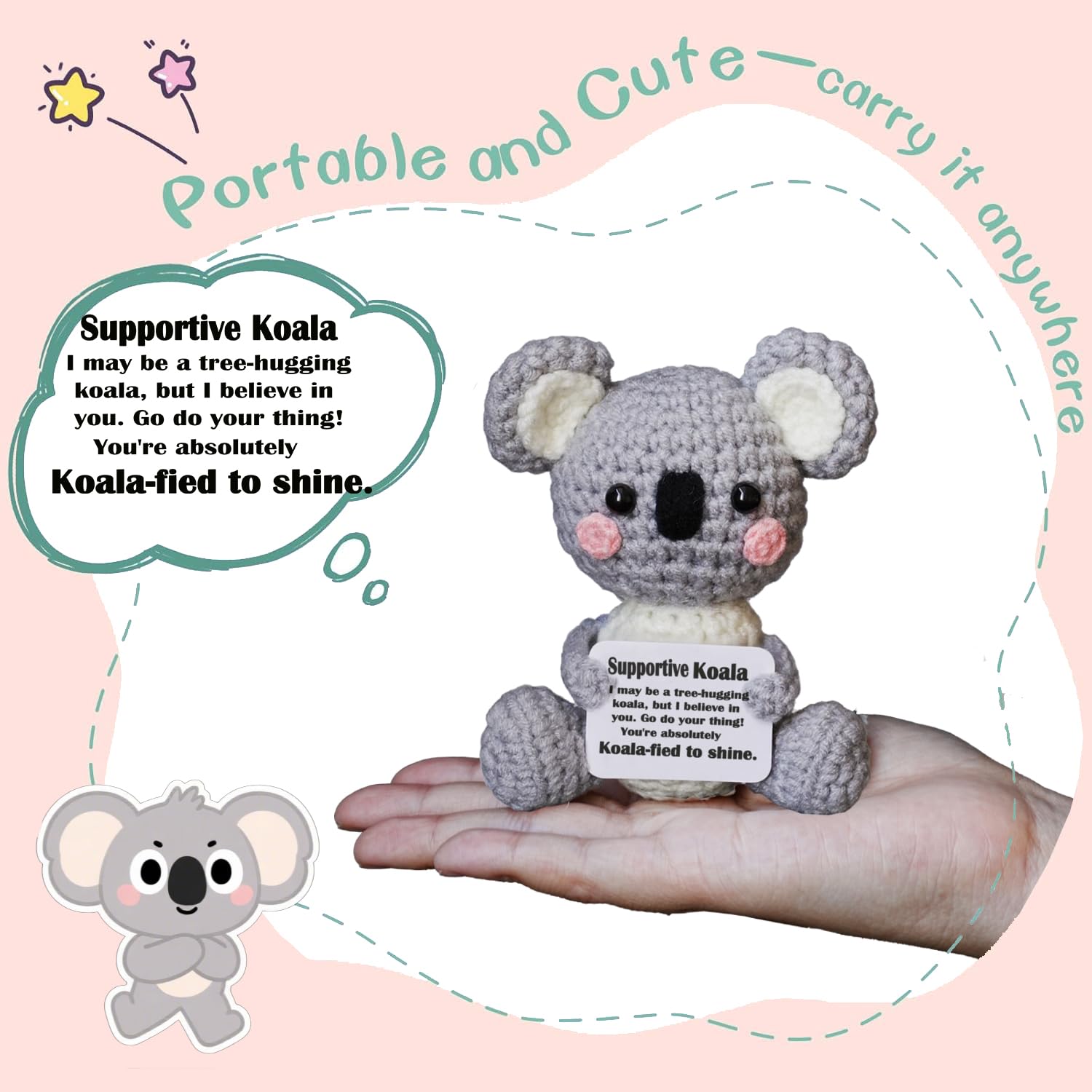 POSSHE Handmade Crochet Koala Plush - Emotional Support Gift with Positive Card, Funny Desk Companion for Friends Coworkers