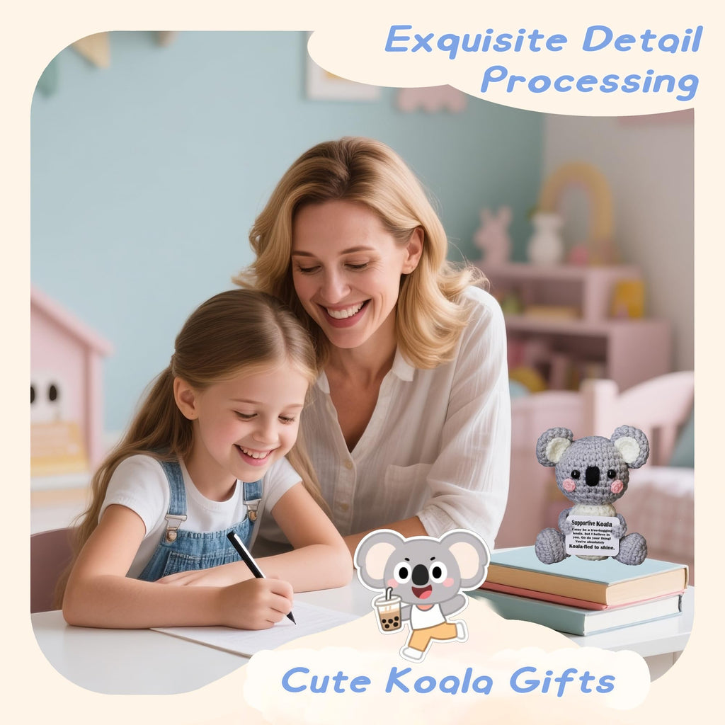 POSSHE Handmade Crochet Koala Plush - Emotional Support Gift with Positive Card, Funny Desk Companion for Friends Coworkers