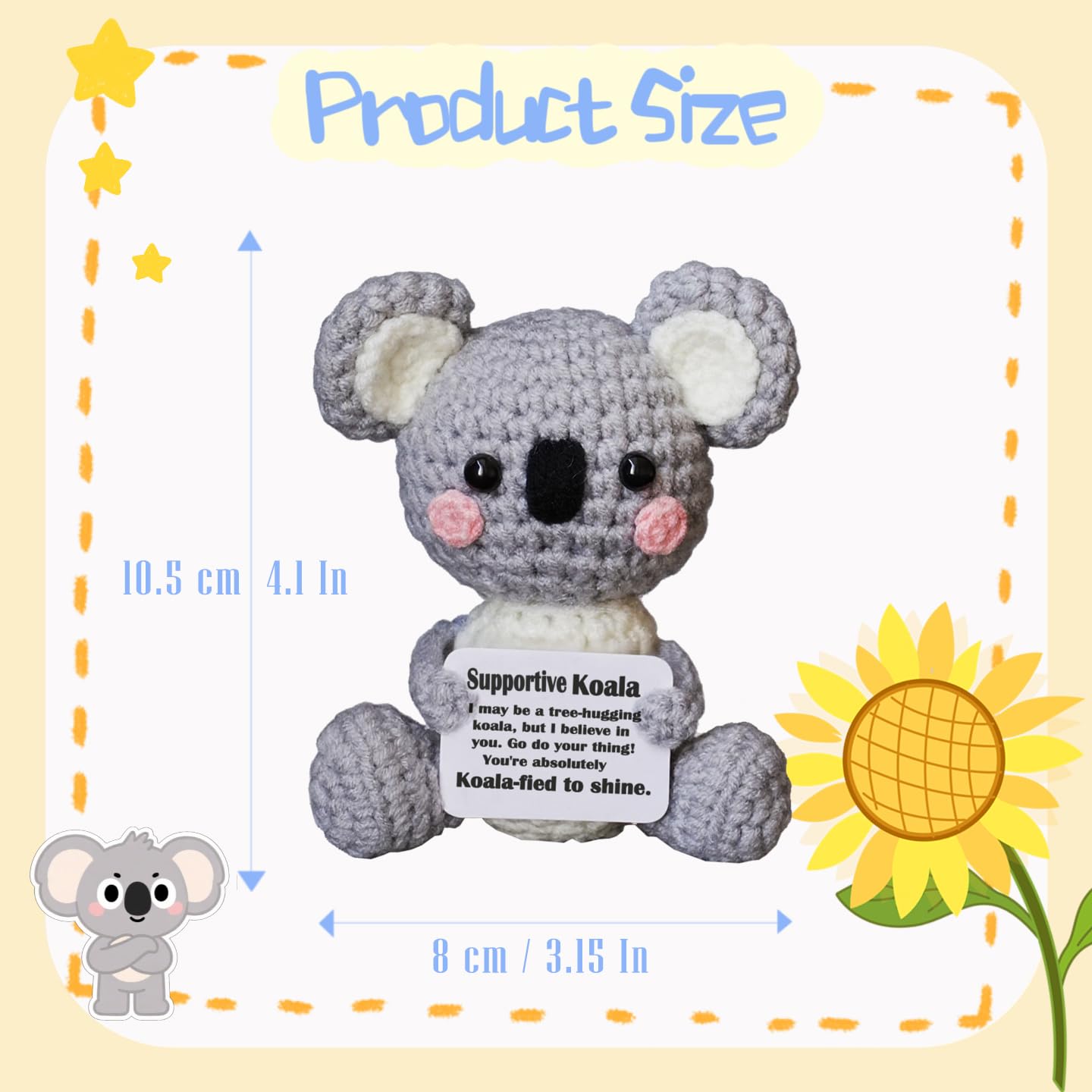 POSSHE Handmade Crochet Koala Plush - Emotional Support Gift with Positive Card, Funny Desk Companion for Friends Coworkers