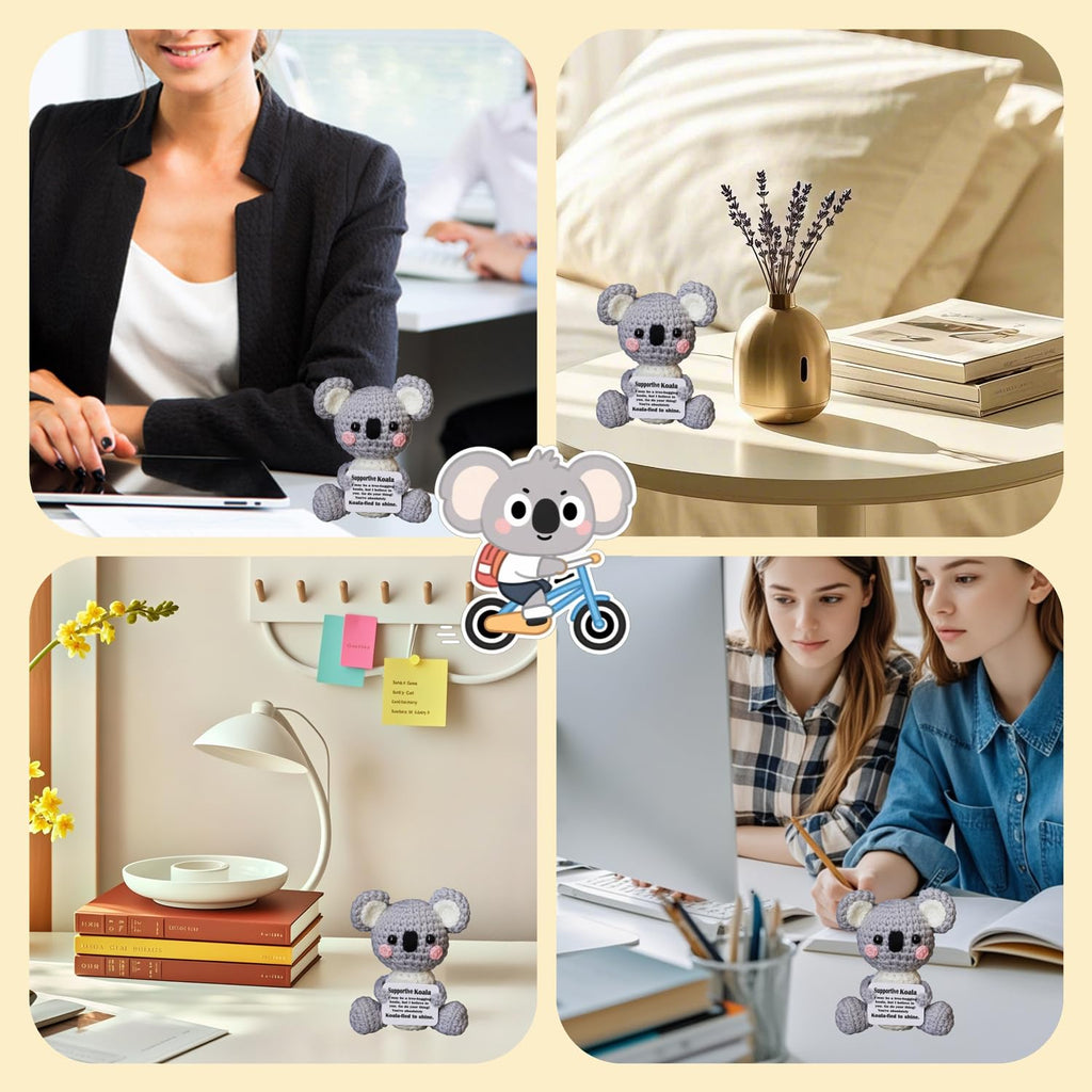 POSSHE Handmade Crochet Koala Plush - Emotional Support Gift with Positive Card, Funny Desk Companion for Friends Coworkers