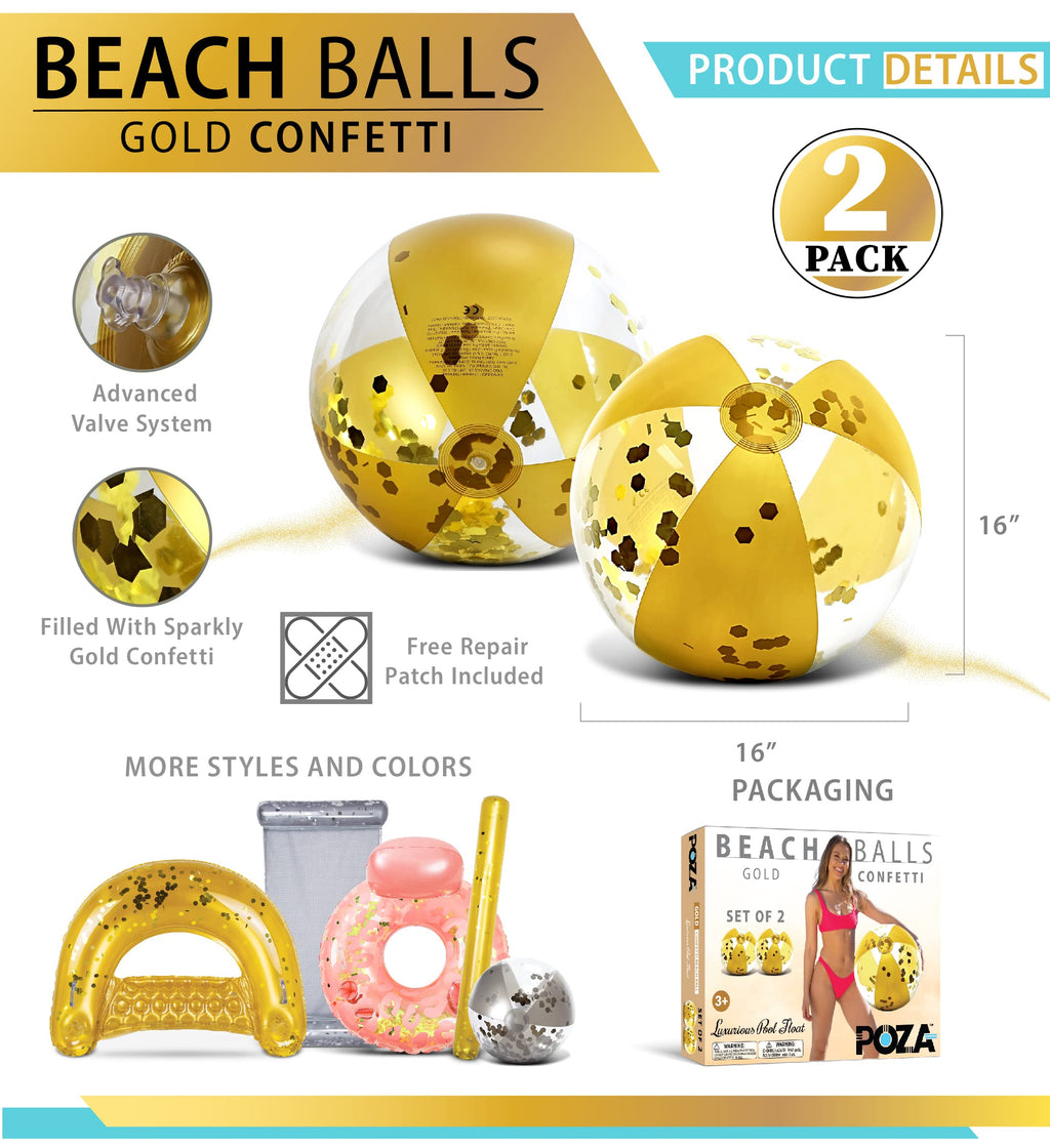 POZA Gold Inflatable Beach Balls 2-Pack – 16-Inch PVC Confetti Pool Toys for Kids & Adults
