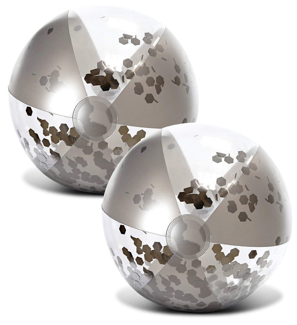 POZA Inflatable Beach Balls – 2 Pack Silver Glitter Confetti, 16-Inch Heavy Duty PVC Pool Toys for Kids and Adults