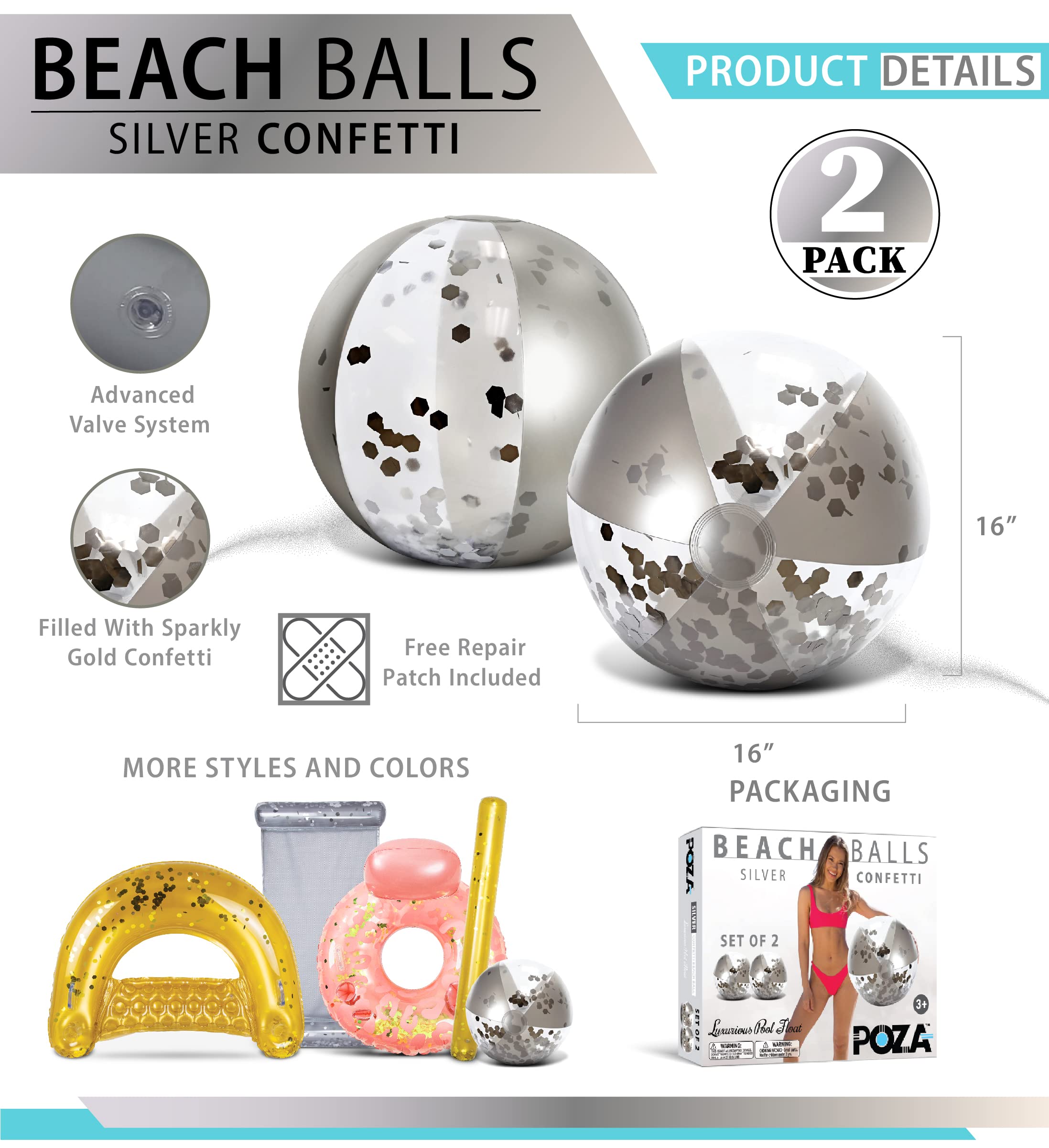 POZA Inflatable Beach Balls – 2 Pack Silver Glitter Confetti, 16-Inch Heavy Duty PVC Pool Toys for Kids and Adults