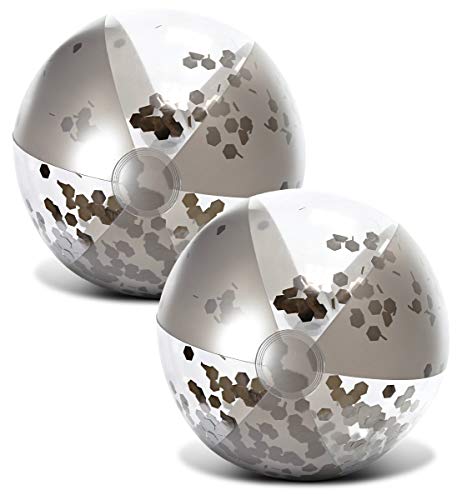 POZA Inflatable Beach Balls – 2 Pack Silver Glitter Confetti, 16-Inch Heavy Duty PVC Pool Toys for Kids and Adults