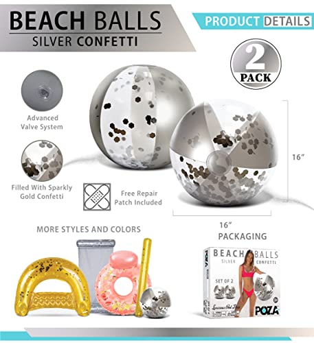 POZA Inflatable Beach Balls – 2 Pack Silver Glitter Confetti, 16-Inch Heavy Duty PVC Pool Toys for Kids and Adults