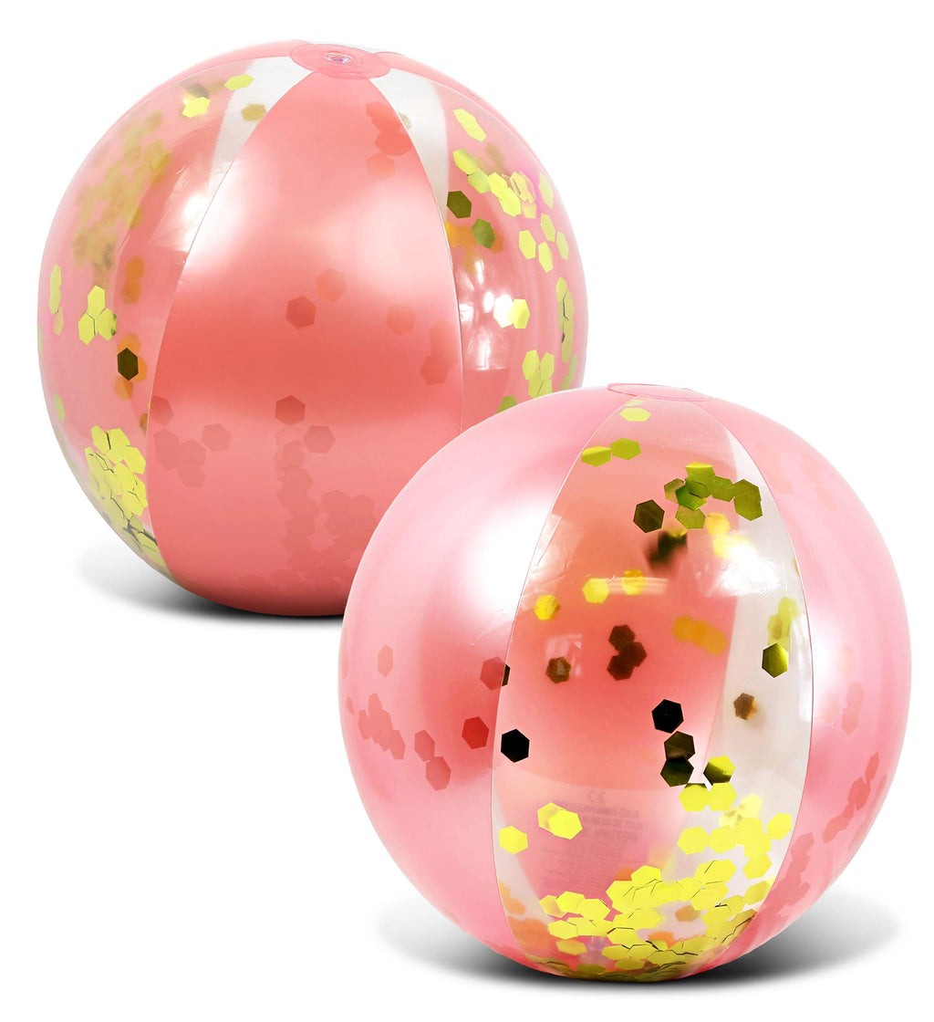 POZA Rose Gold Glitter Confetti Inflatable Beach Balls - Set of 2, 16 Inch Heavy Duty Vinyl Pool Toys for Kids and Adults
