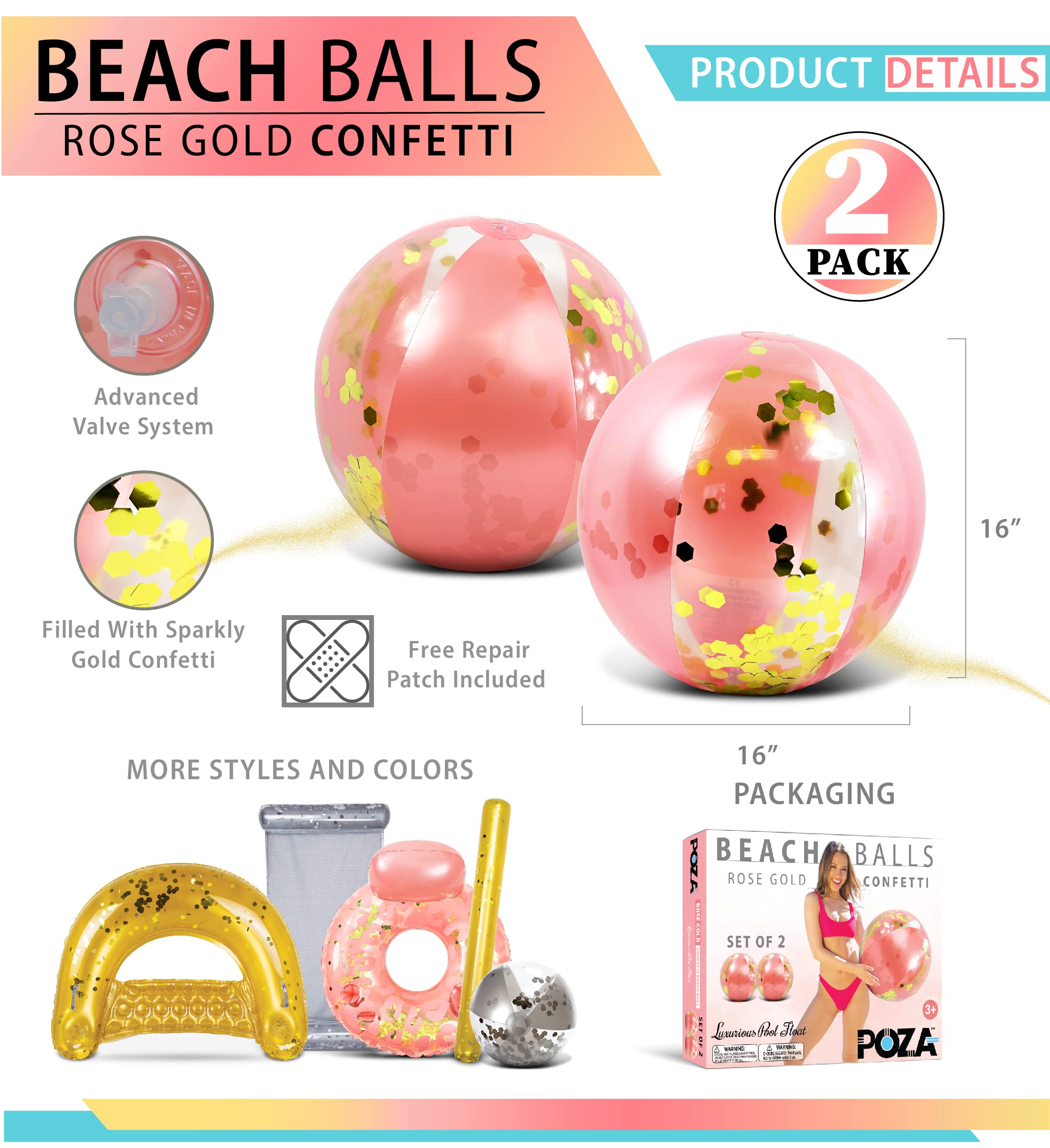POZA Rose Gold Glitter Confetti Inflatable Beach Balls - Set of 2, 16 Inch Heavy Duty Vinyl Pool Toys for Kids and Adults