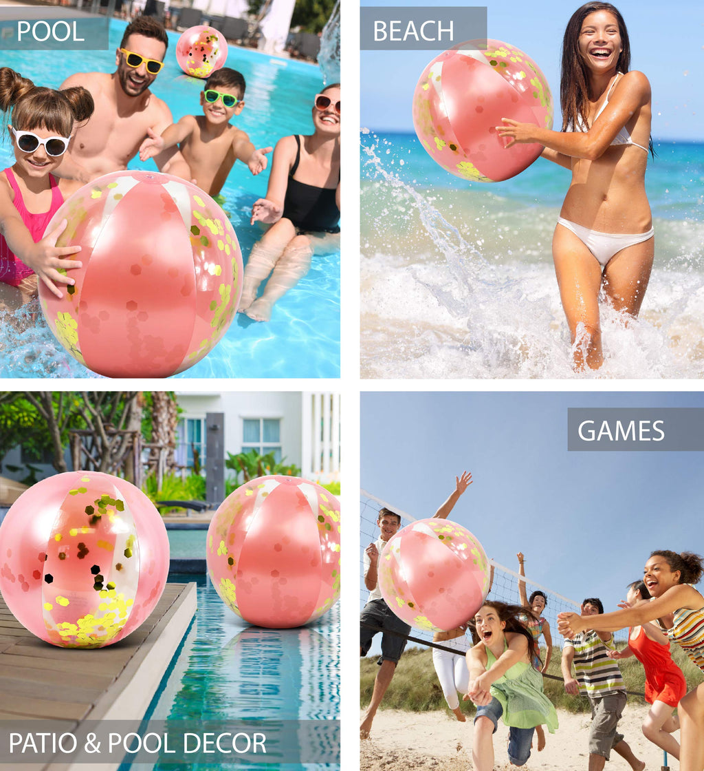 POZA Rose Gold Glitter Confetti Inflatable Beach Balls - Set of 2, 16 Inch Heavy Duty Vinyl Pool Toys for Kids and Adults
