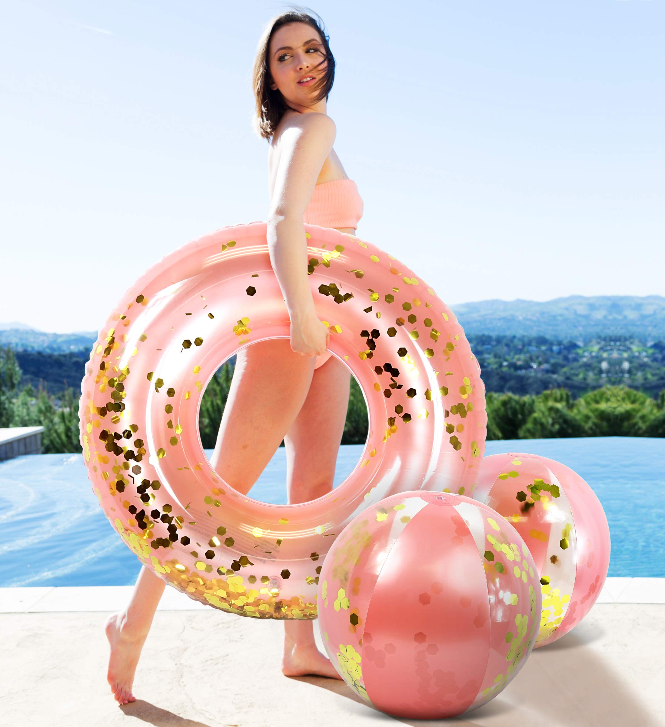 POZA Rose Gold Glitter Confetti Inflatable Beach Balls - Set of 2, 16 Inch Heavy Duty Vinyl Pool Toys for Kids and Adults