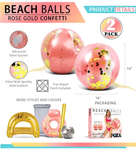POZA Rose Gold Glitter Confetti Inflatable Beach Balls - Set of 2, 16 Inch Heavy Duty Vinyl Pool Toys for Kids and Adults