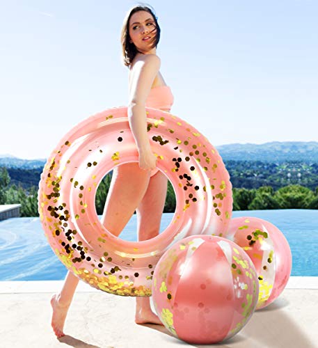 POZA Rose Gold Glitter Confetti Inflatable Beach Balls - Set of 2, 16 Inch Heavy Duty Vinyl Pool Toys for Kids and Adults