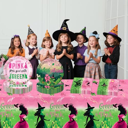 Practice Star 41pcs Witch Party Decorations: Pink & Green Plates, Napkins, Tablecloth