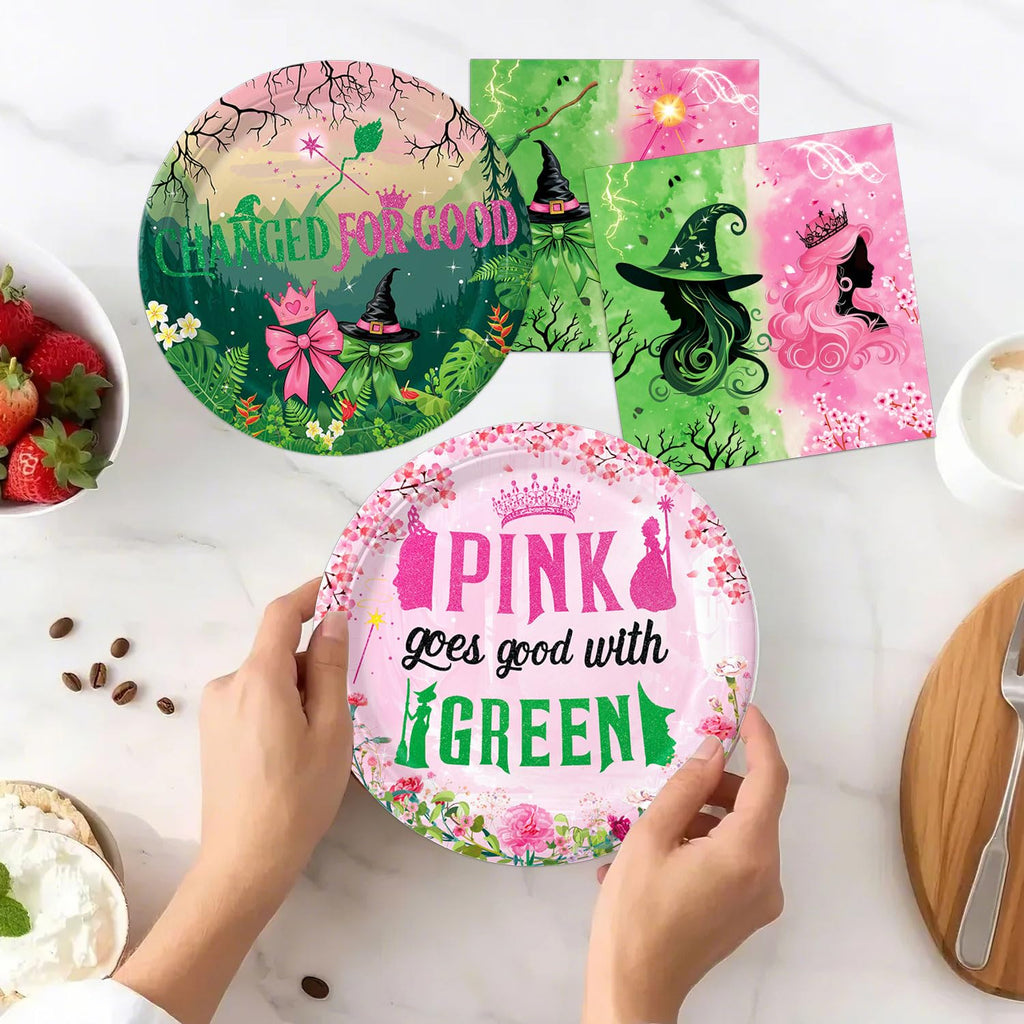 Practice Star 41pcs Witch Party Decorations: Pink & Green Plates, Napkins, Tablecloth
