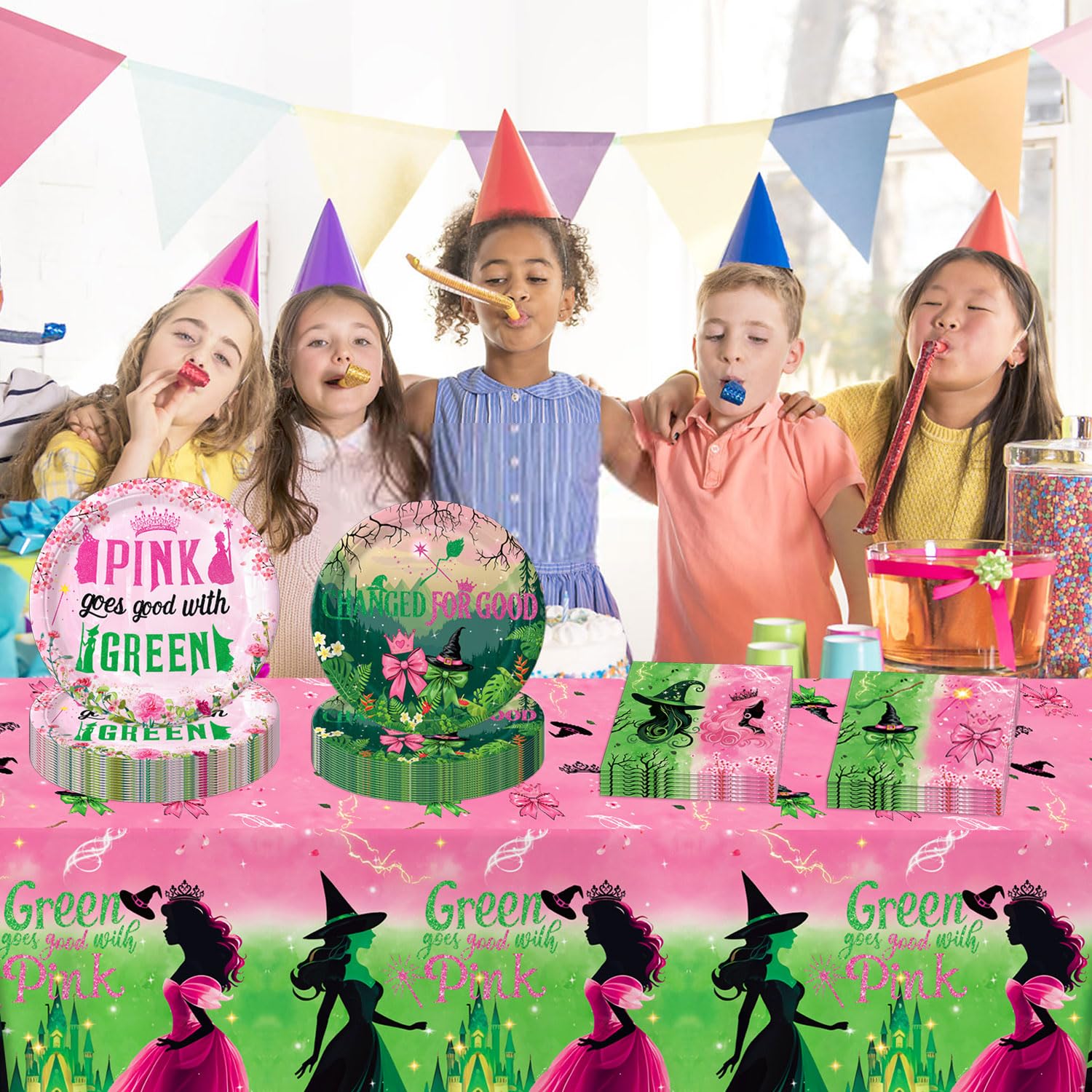 Practice Star 41pcs Witch Party Decorations: Pink & Green Plates, Napkins, Tablecloth