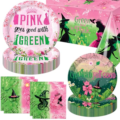 Practice Star 41pcs Witch Party Decorations: Pink & Green Plates, Napkins, Tablecloth