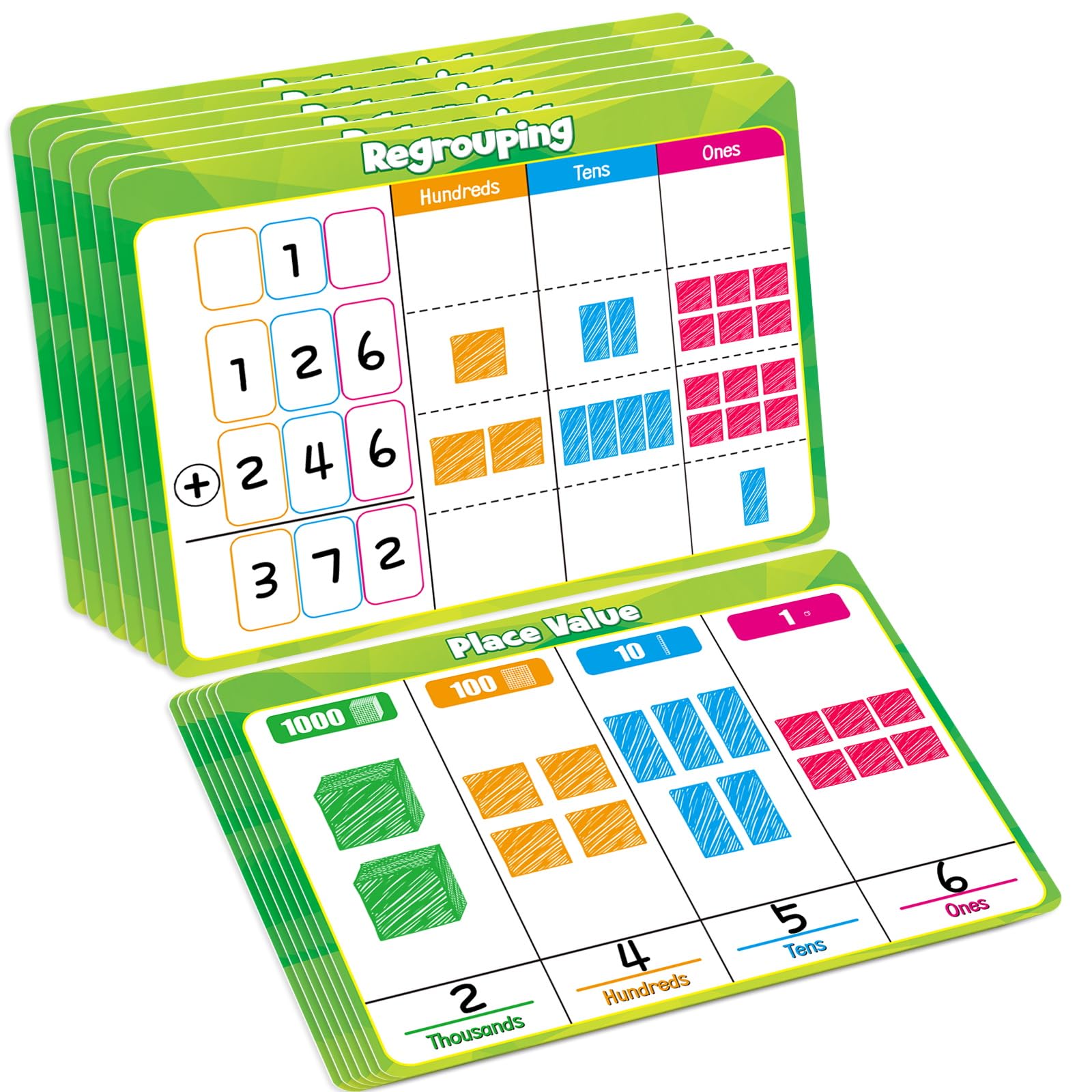 PraxiKidy Place Value Dry Erase Flash Cards – 12 Pack, 9x12 Inches, Double-Sided for Regrouping Practice