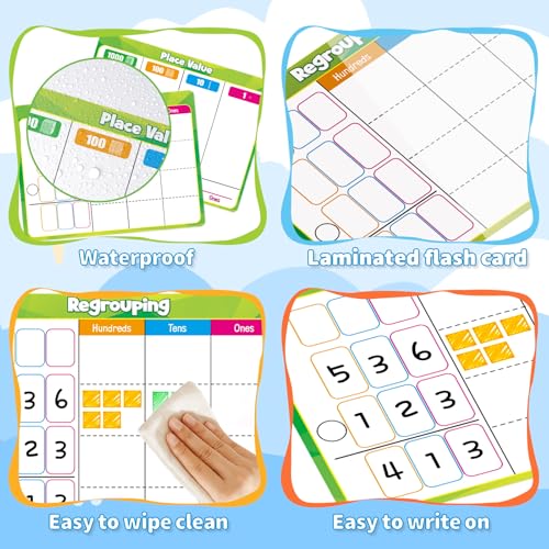 PraxiKidy Place Value Dry Erase Flash Cards – 12 Pack, 9x12 Inches, Double-Sided for Regrouping Practice
