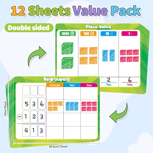 PraxiKidy Place Value Dry Erase Flash Cards – 12 Pack, 9x12 Inches, Double-Sided for Regrouping Practice