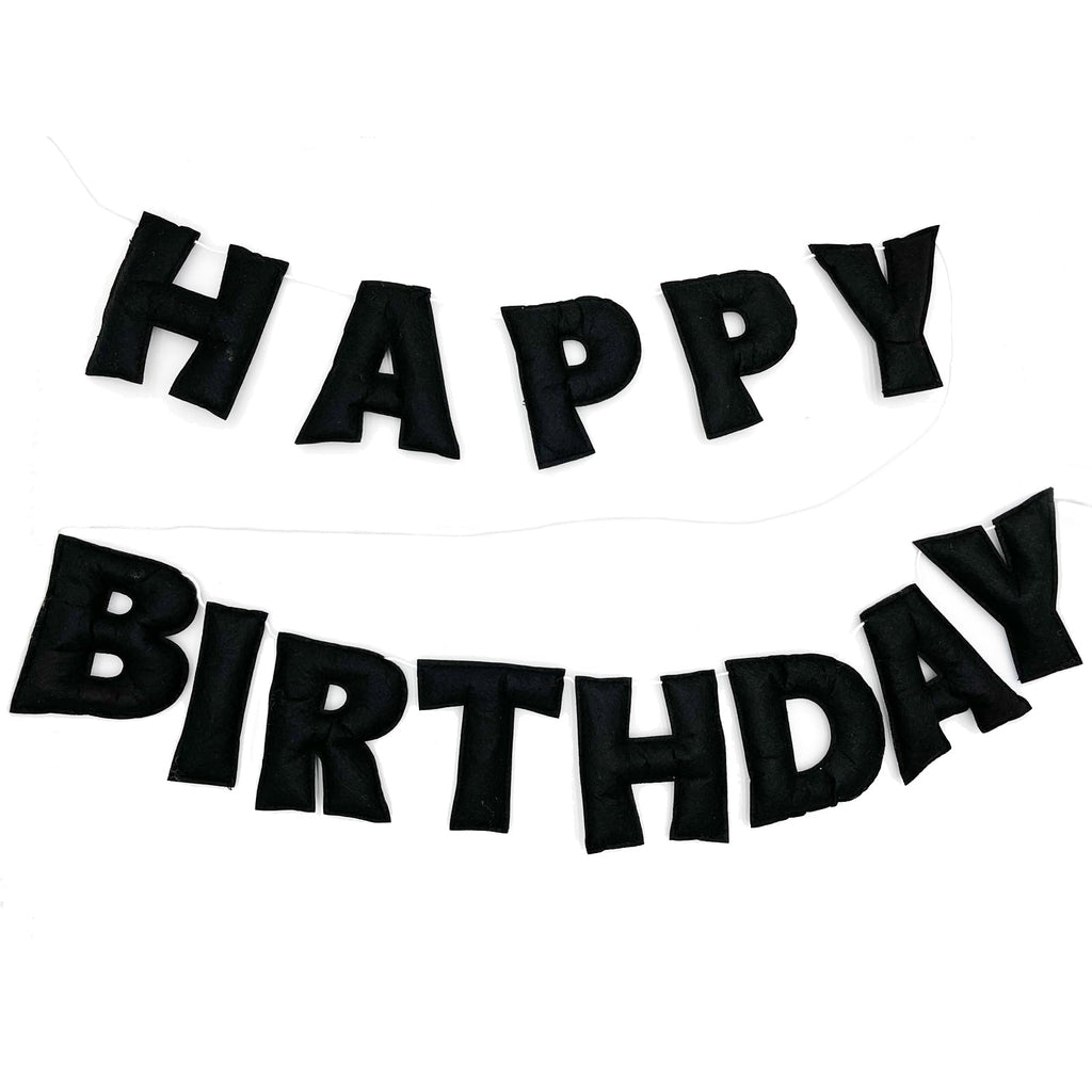 Pre-Strung Black Felt Happy Birthday Banner, Reusable 3D Wool Felt Garland for Party Decor, Indoor Outdoor