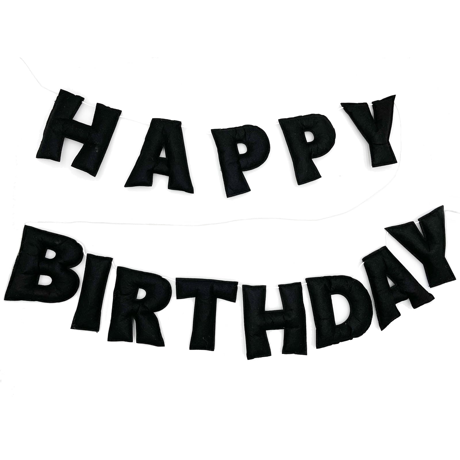 Pre-Strung Black Felt Happy Birthday Banner, Reusable 3D Wool Felt Garland for Party Decor, Indoor Outdoor