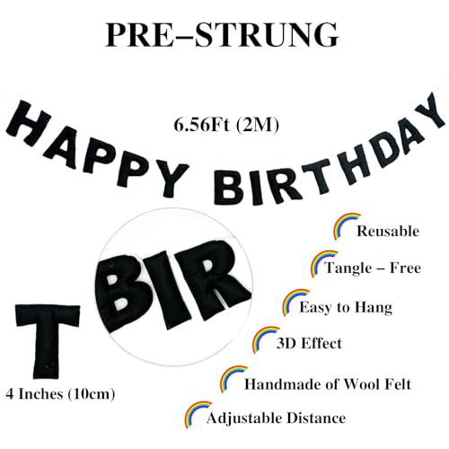 Pre-Strung Black Felt Happy Birthday Banner, Reusable 3D Wool Felt Garland for Party Decor, Indoor Outdoor