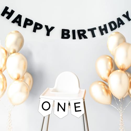 Pre-Strung Black Felt Happy Birthday Banner, Reusable 3D Wool Felt Garland for Party Decor, Indoor Outdoor