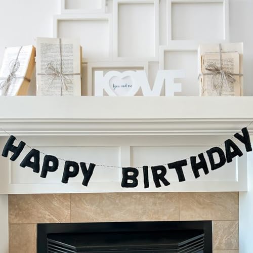 Pre-Strung Black Felt Happy Birthday Banner, Reusable 3D Wool Felt Garland for Party Decor, Indoor Outdoor