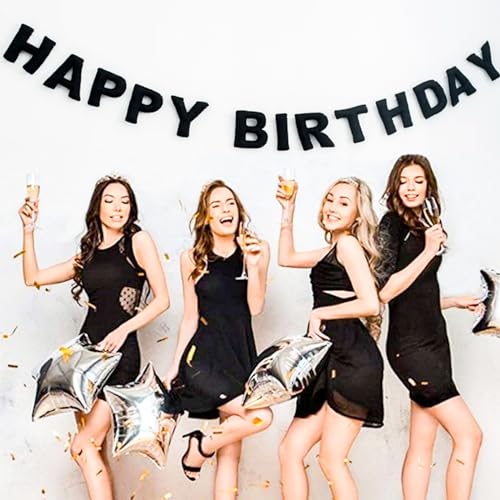 Pre-Strung Black Felt Happy Birthday Banner, Reusable 3D Wool Felt Garland for Party Decor, Indoor Outdoor