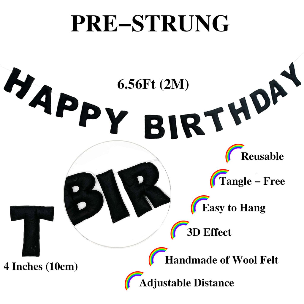 Pre-Strung Black Felt Happy Birthday Banner, Reusable 3D Wool Felt Garland for Party Decor, Indoor Outdoor