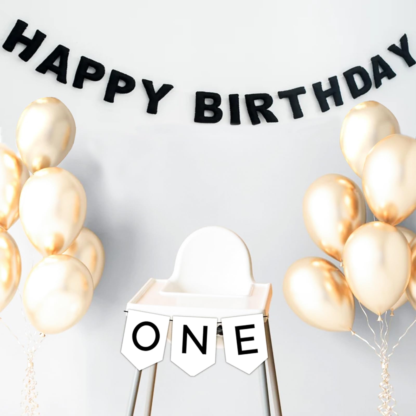 Pre-Strung Black Felt Happy Birthday Banner, Reusable 3D Wool Felt Garland for Party Decor, Indoor Outdoor