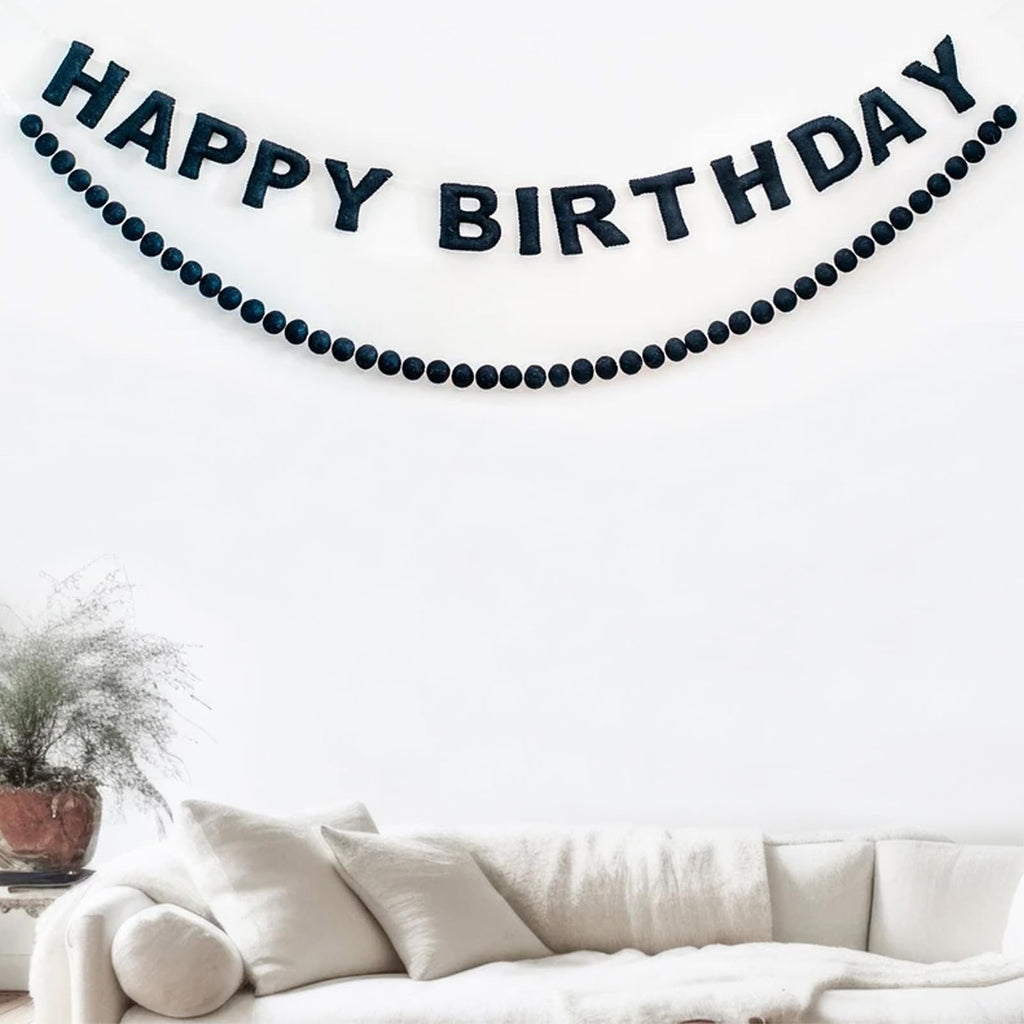 Pre-Strung Black Felt Happy Birthday Banner, Reusable 3D Wool Felt Garland for Party Decor, Indoor Outdoor