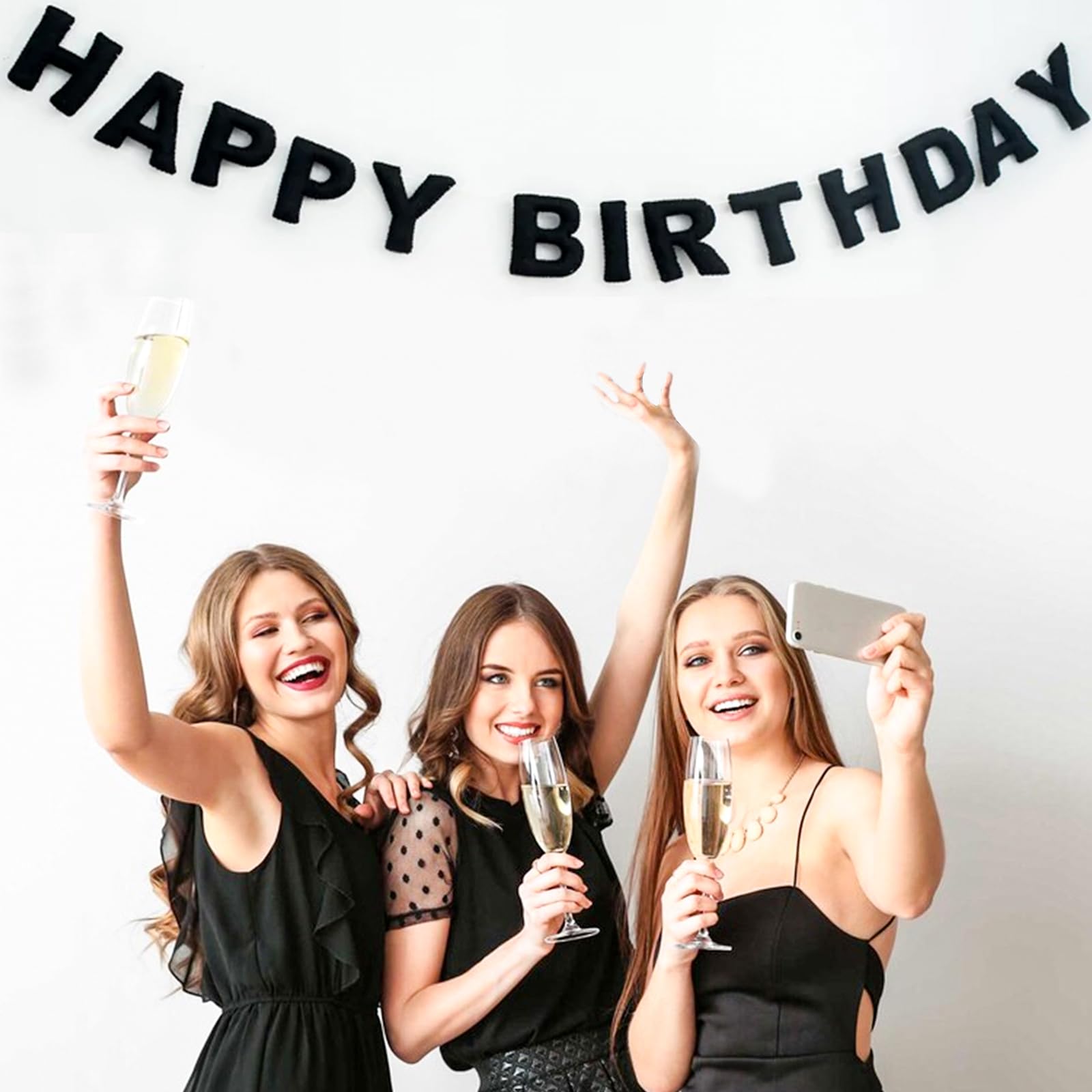 Pre-Strung Black Felt Happy Birthday Banner, Reusable 3D Wool Felt Garland for Party Decor, Indoor Outdoor
