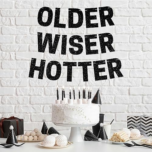 Pre-Strung 'Older Wiser Hotter' Birthday Banner – Black Glitter, No DIY, 8 ft Strands