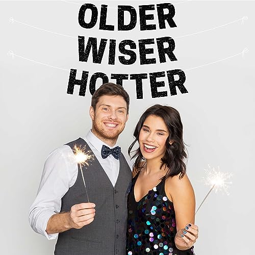 Pre-Strung 'Older Wiser Hotter' Birthday Banner – Black Glitter, No DIY, 8 ft Strands