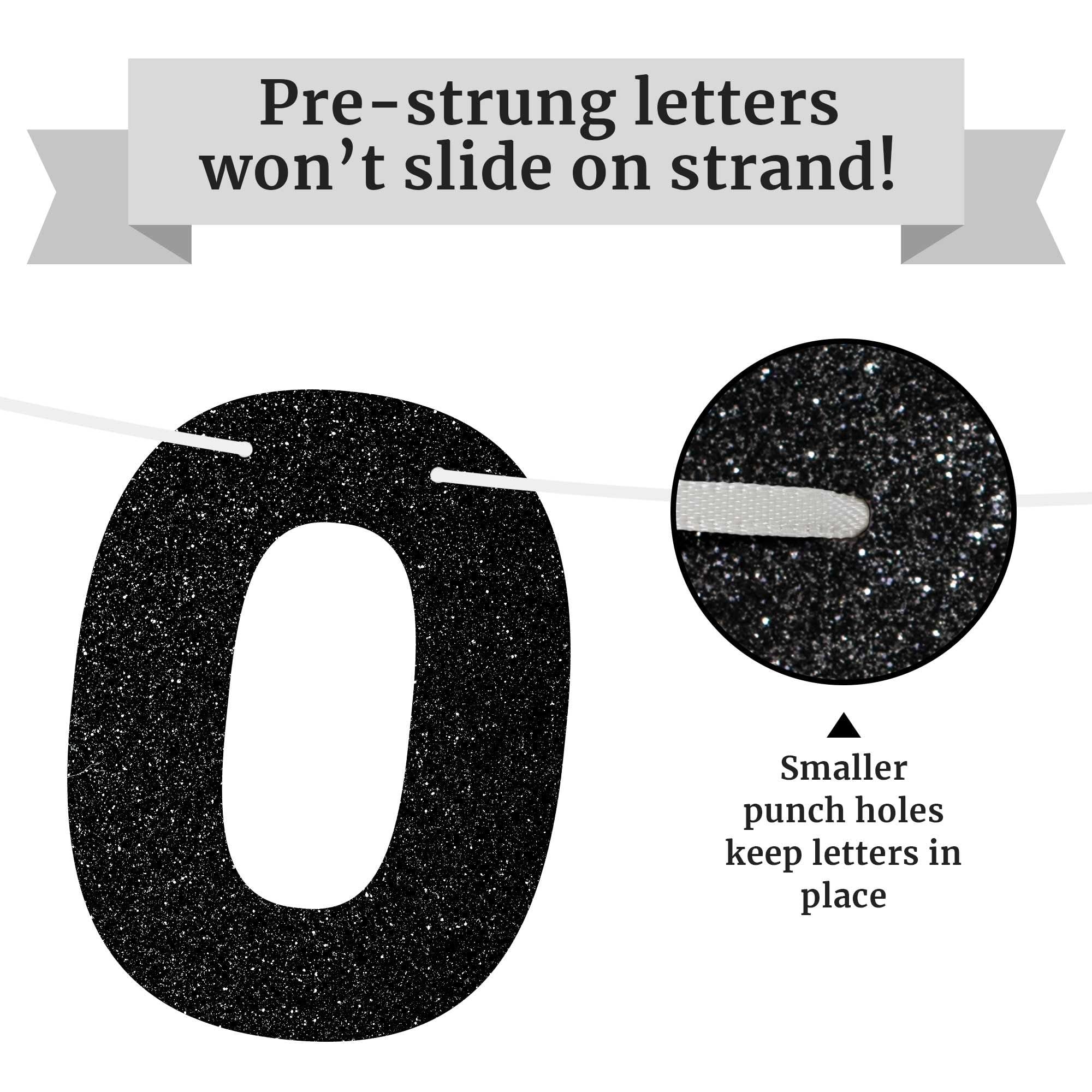 Pre-Strung 'Older Wiser Hotter' Birthday Banner – Black Glitter, No DIY, 8 ft Strands