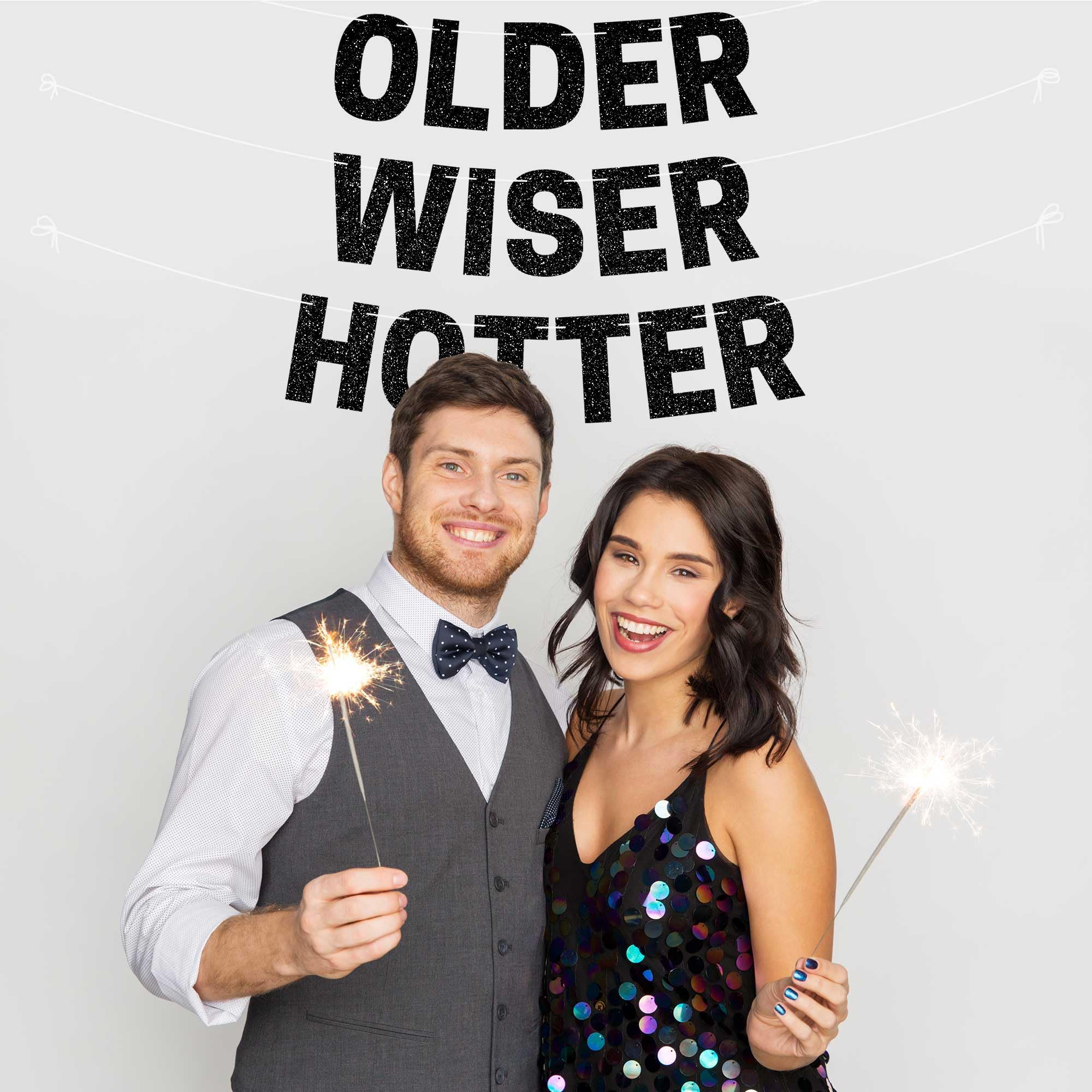 Pre-Strung 'Older Wiser Hotter' Birthday Banner – Black Glitter, No DIY, 8 ft Strands
