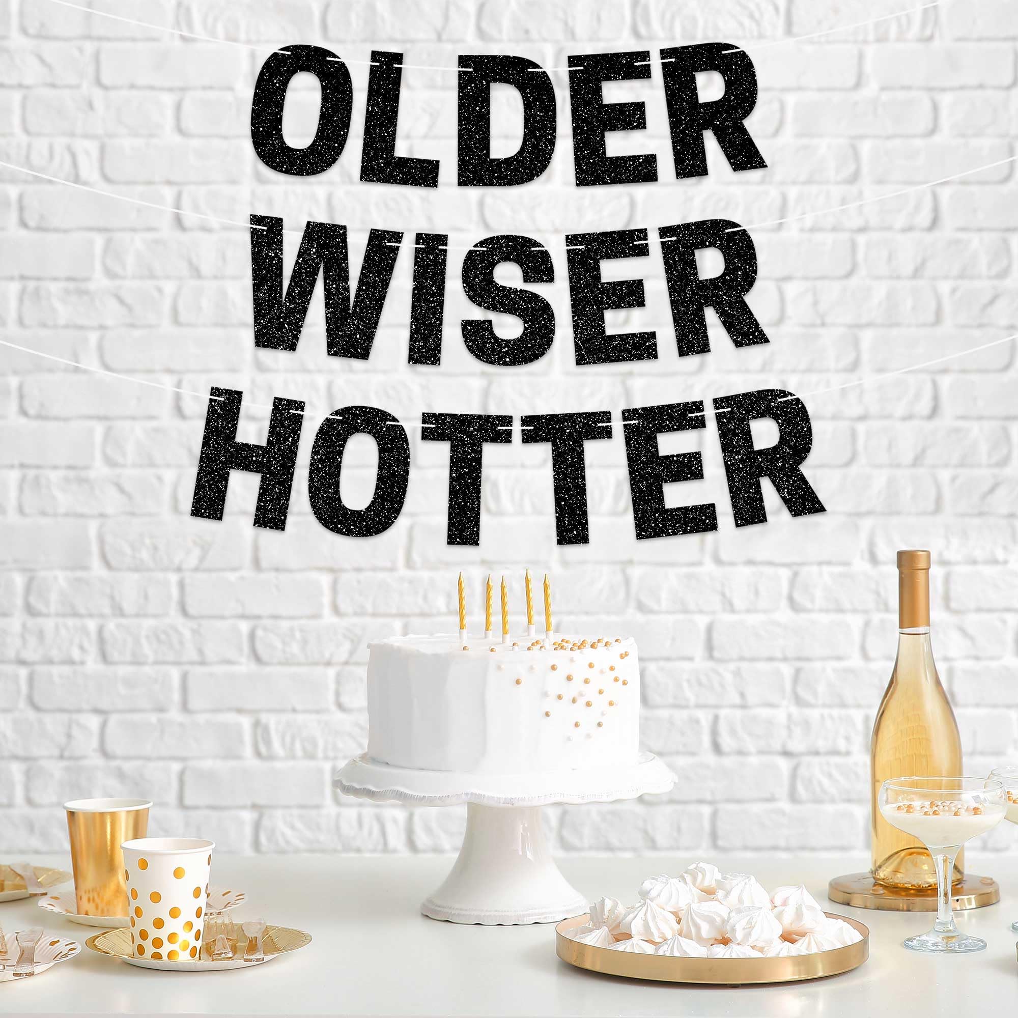 Pre-Strung 'Older Wiser Hotter' Birthday Banner – Black Glitter, No DIY, 8 ft Strands