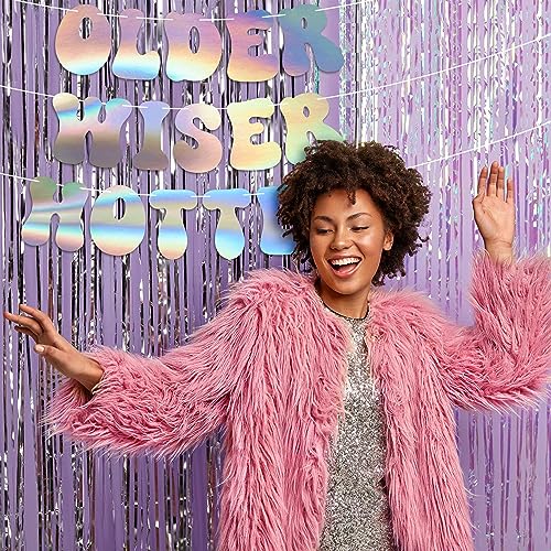 Pre-Strung Older Wiser Hotter Birthday Banner – Iridescent Holographic Foil, 8 ft Strand, No DIY Required