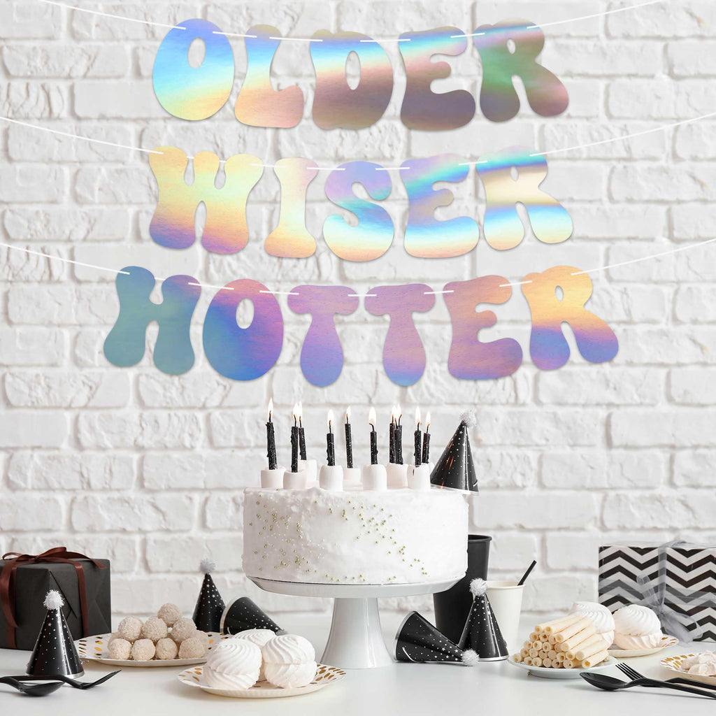 Pre-Strung Older Wiser Hotter Birthday Banner – Iridescent Holographic Foil, 8 ft Strand, No DIY Required