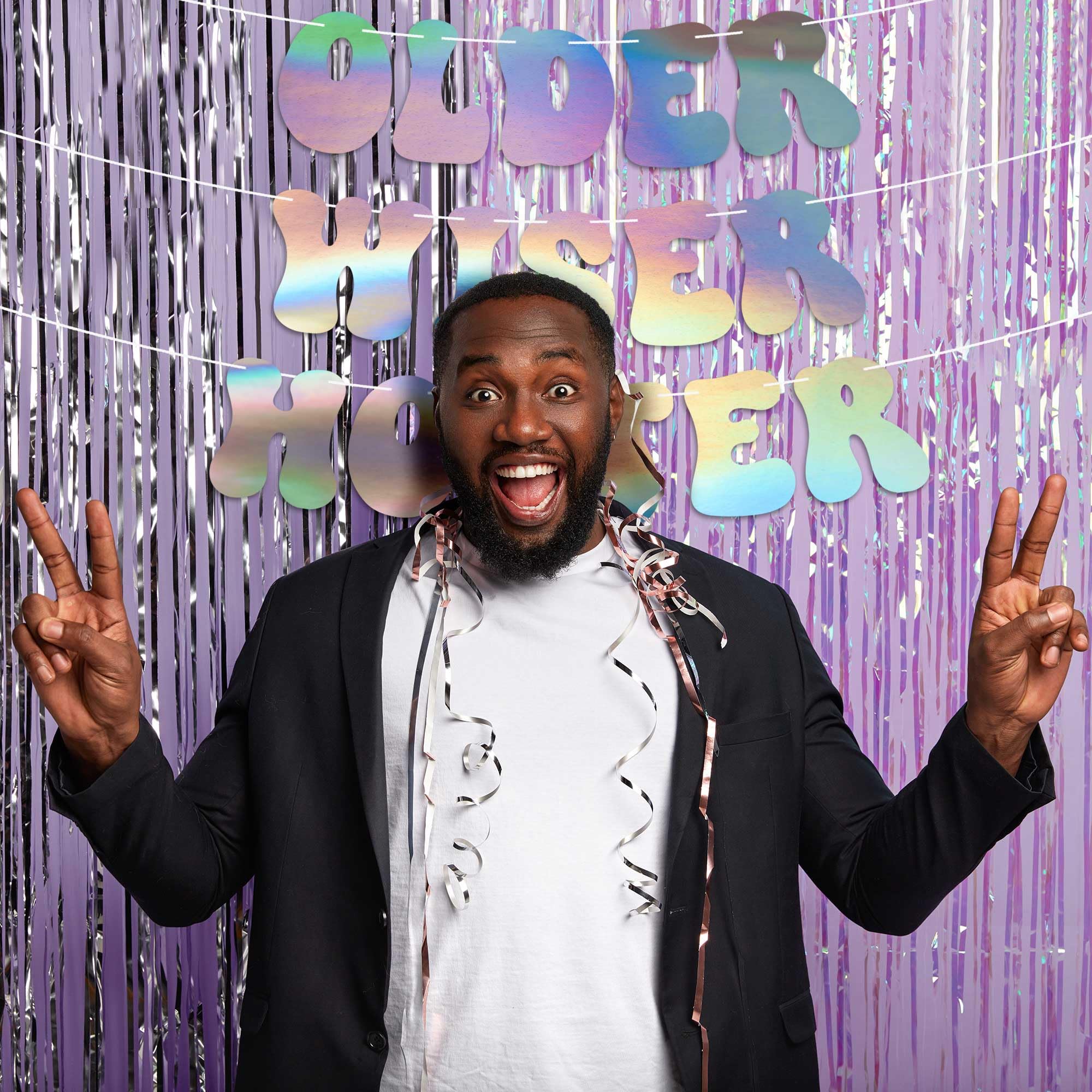 Pre-Strung Older Wiser Hotter Birthday Banner – Iridescent Holographic Foil, 8 ft Strand, No DIY Required