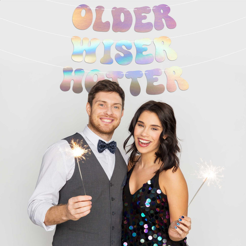 Pre-Strung Older Wiser Hotter Birthday Banner – Iridescent Holographic Foil, 8 ft Strand, No DIY Required