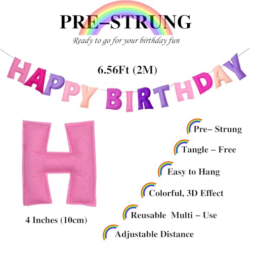 Pre-Strung Pink Felt Happy Birthday Banner - Reusable Wool Felt Garland with 3D Letters - Ready to Hang, 6.56ft