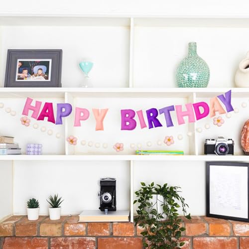 Pre-Strung Pink Felt Happy Birthday Banner - Reusable Wool Felt Garland with 3D Letters - Ready to Hang, 6.56ft