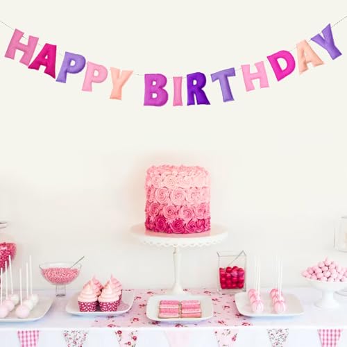 Pre-Strung Pink Felt Happy Birthday Banner - Reusable Wool Felt Garland with 3D Letters - Ready to Hang, 6.56ft
